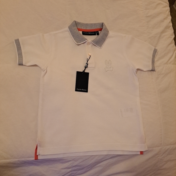 NWT Psycho Bunny Boy's White Damon Logo Pique Short Sleeve Polo Shirt Sz 7 8